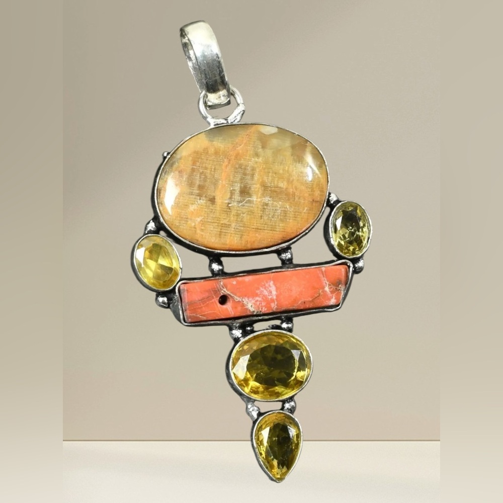 Artisan Handcrafted Jewelry YELLOW LACE AGATE And CITRINE Multi-Stone Pendant - Picture 4 of 15